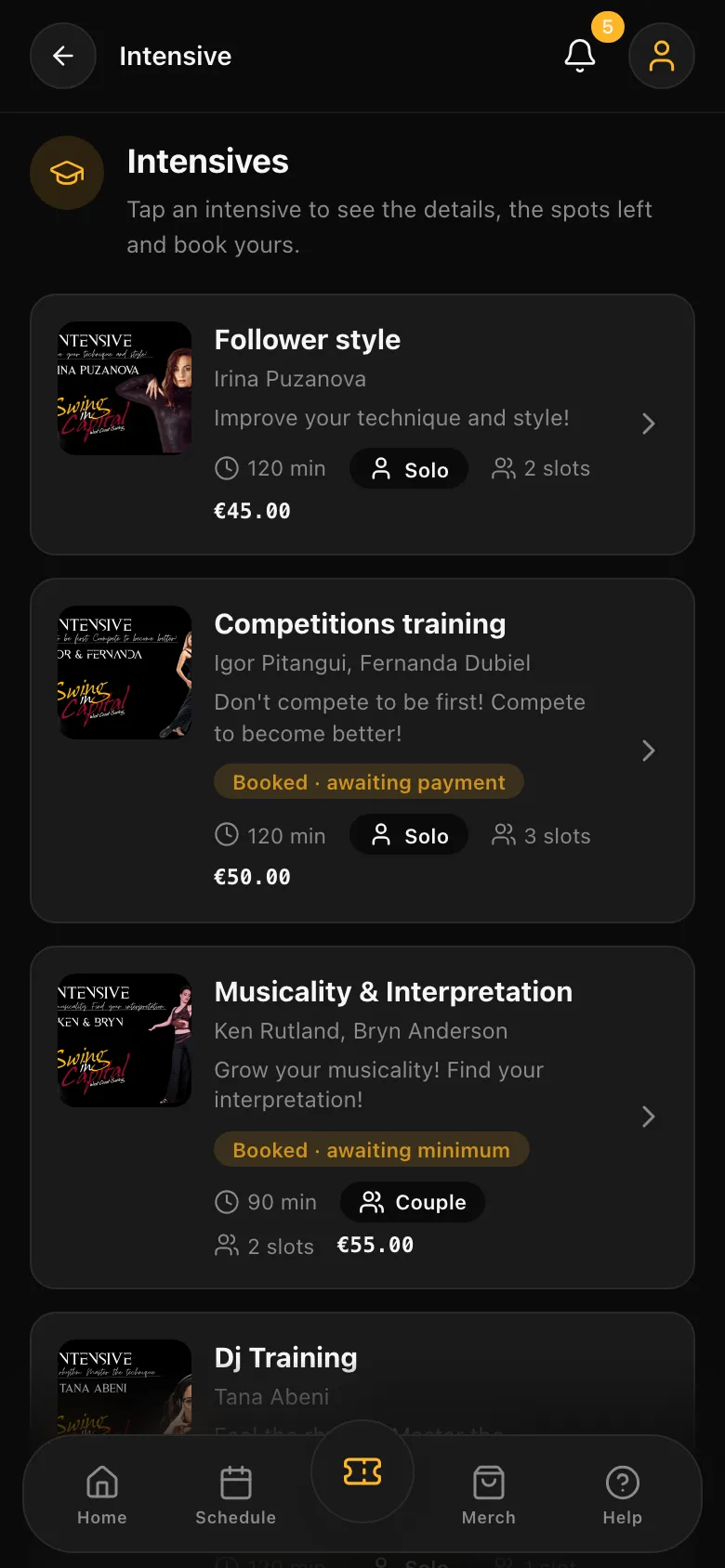 The app with the intensives list
