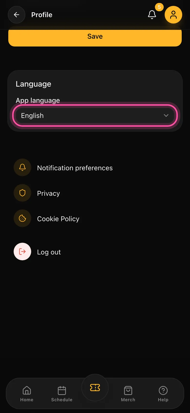 The app with the profile settings and the language choice