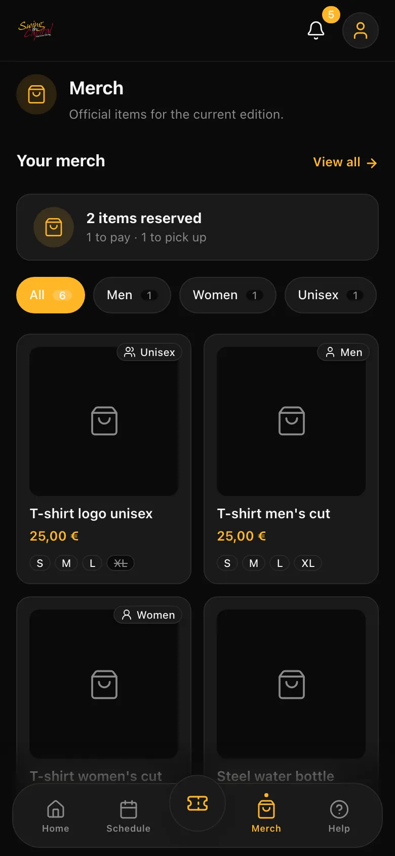 The app with reserved merch and T-shirts