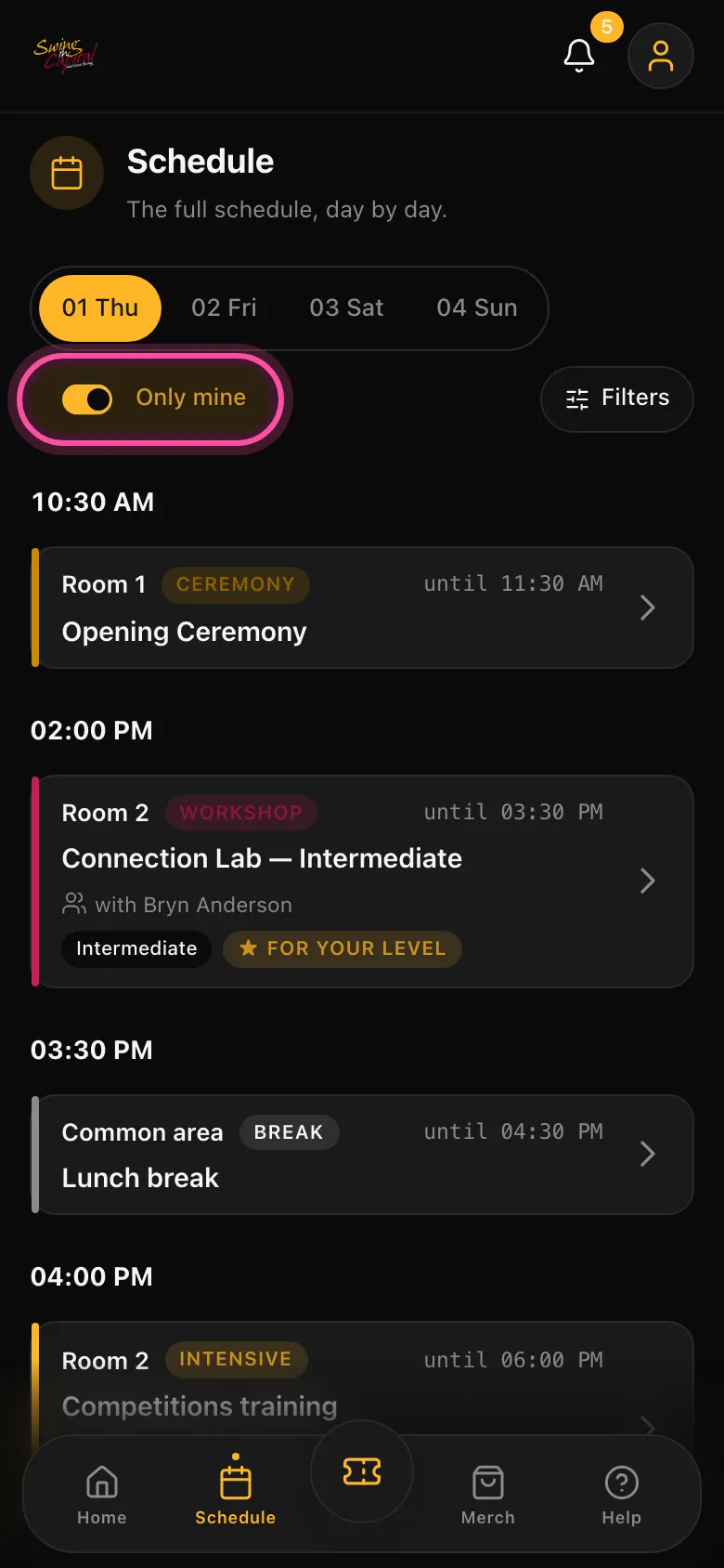 The app with the schedule and the Only mine filter on