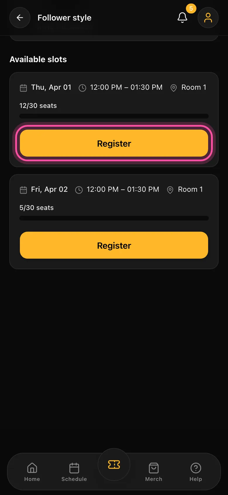 The app with an intensive's detail and the Register button highlighted