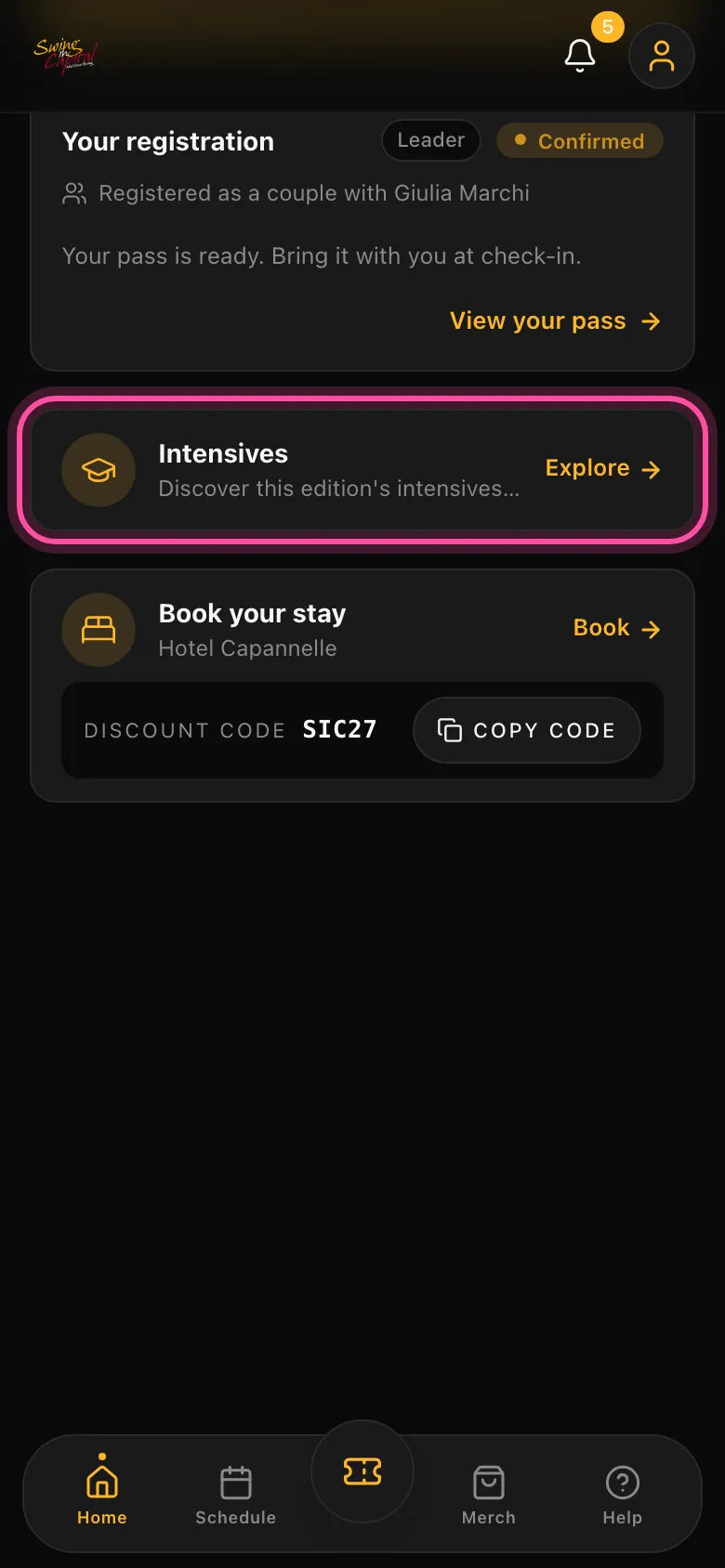 The app home with the Intensives card highlighted