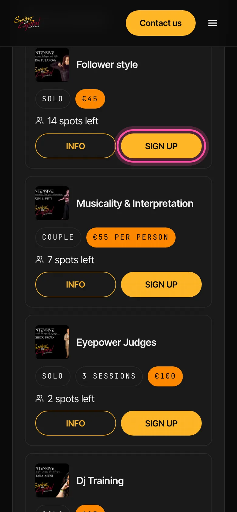 The personal page with the available intensives, spots and prices