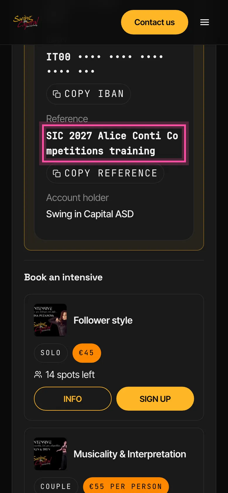 The personal page with the intensive awaiting payment and its reference
