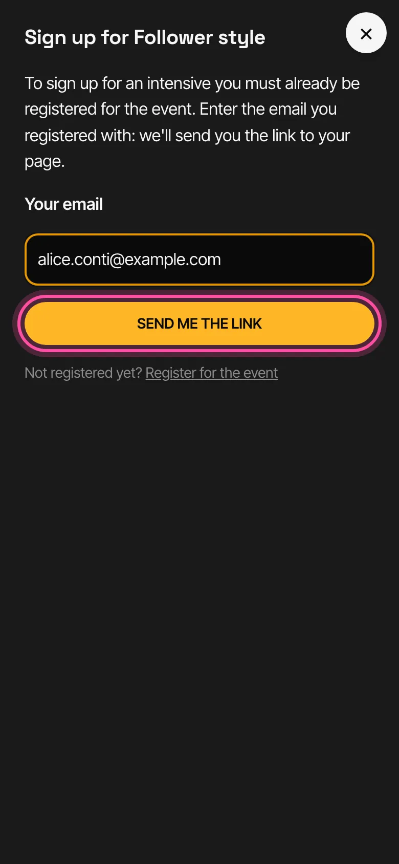The site with the Sign up dialog asking for the registration email