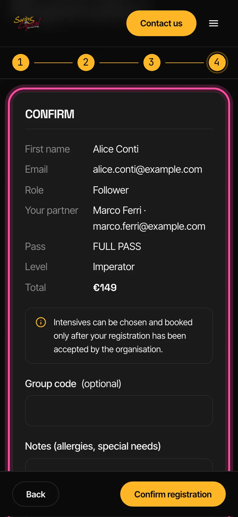 The registration form: the summary with pass, level and total