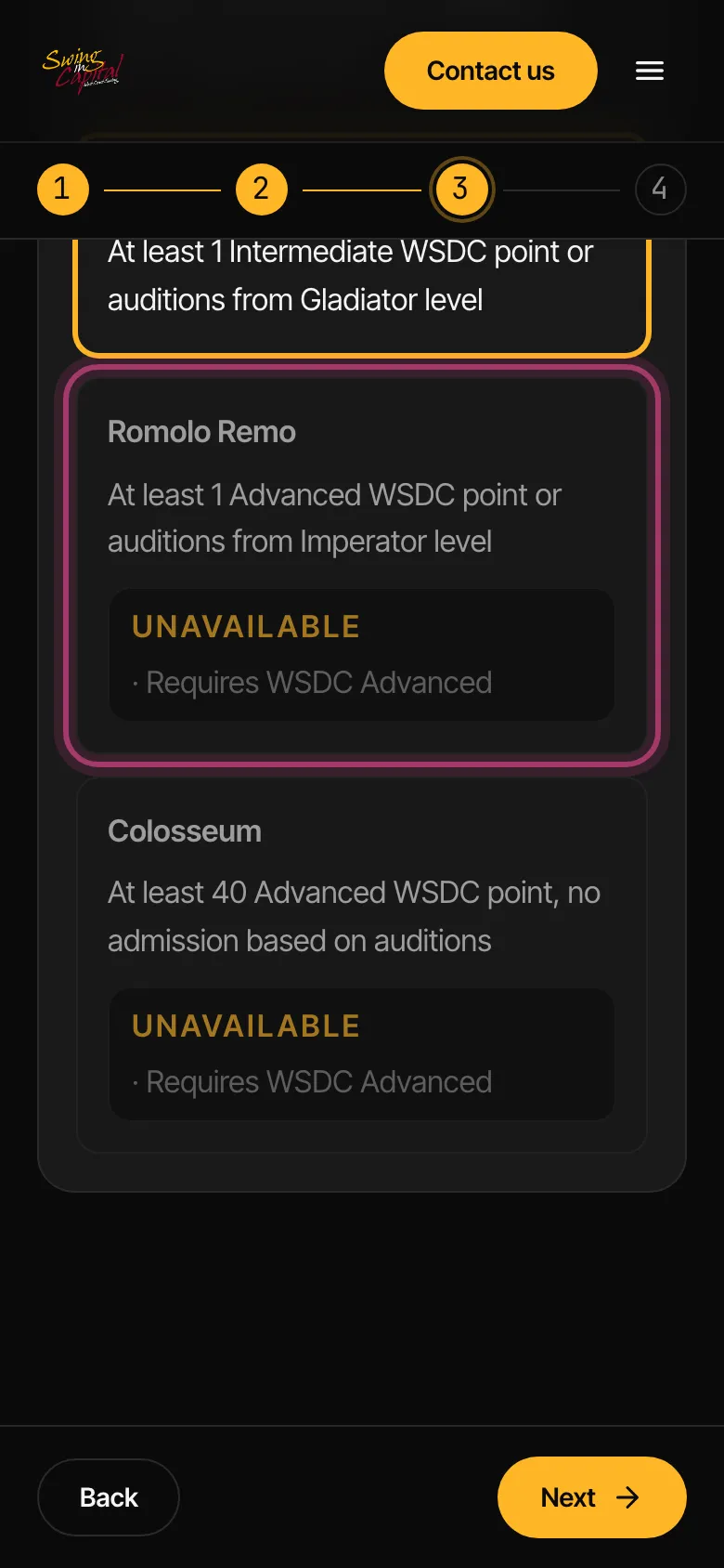 The registration form: the level list, with a locked level and its reason