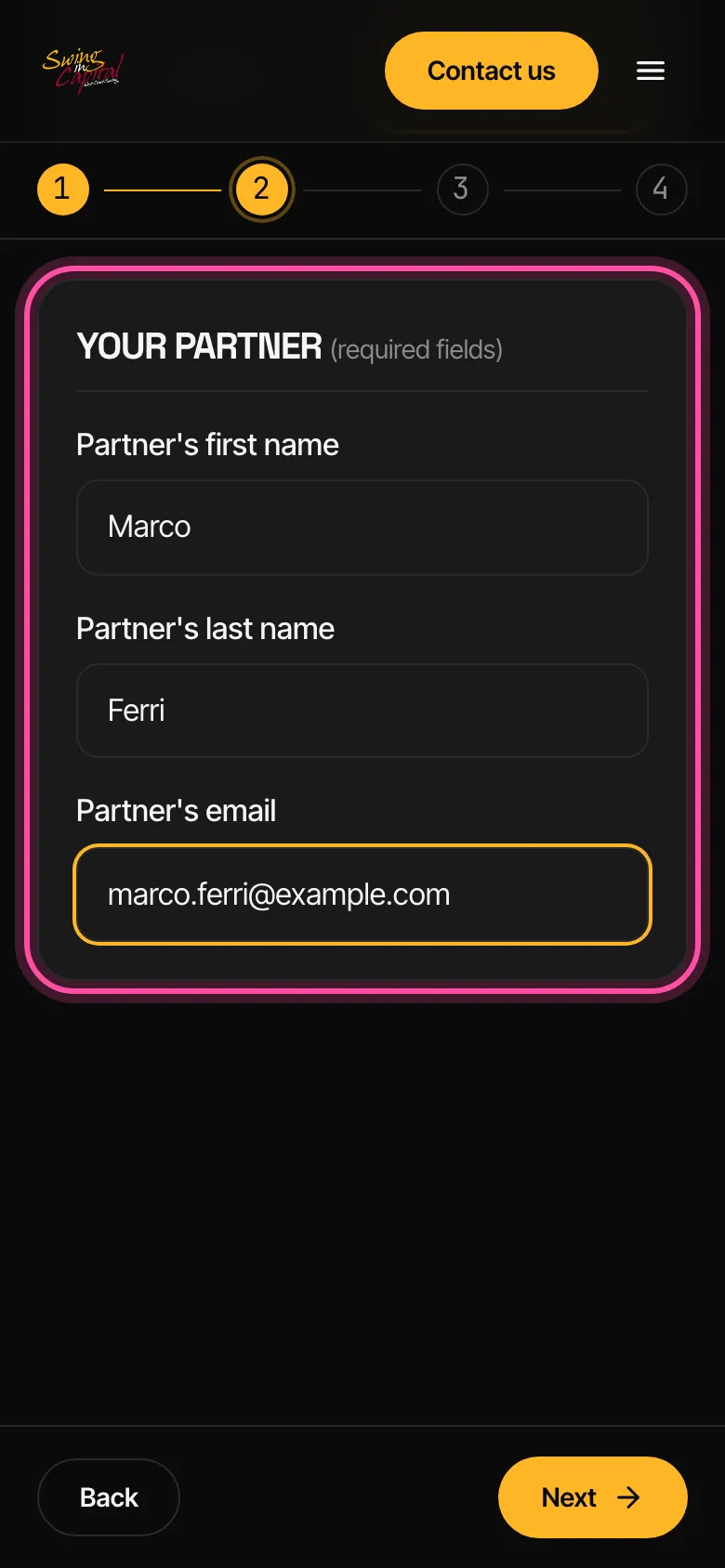 The partner section of the form with name and email filled in