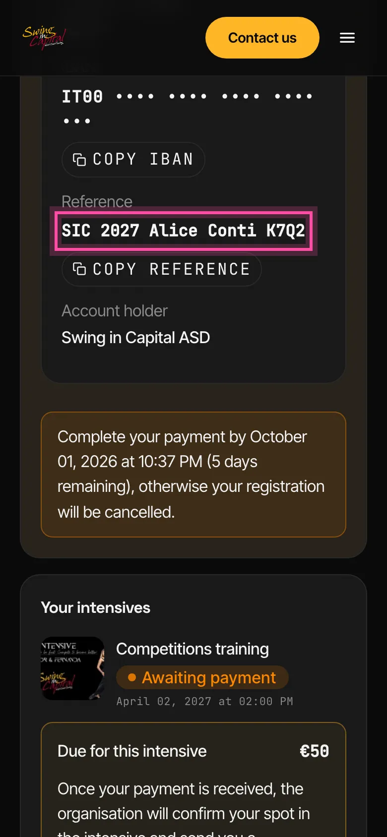 The registration status page with the transfer amount and reference