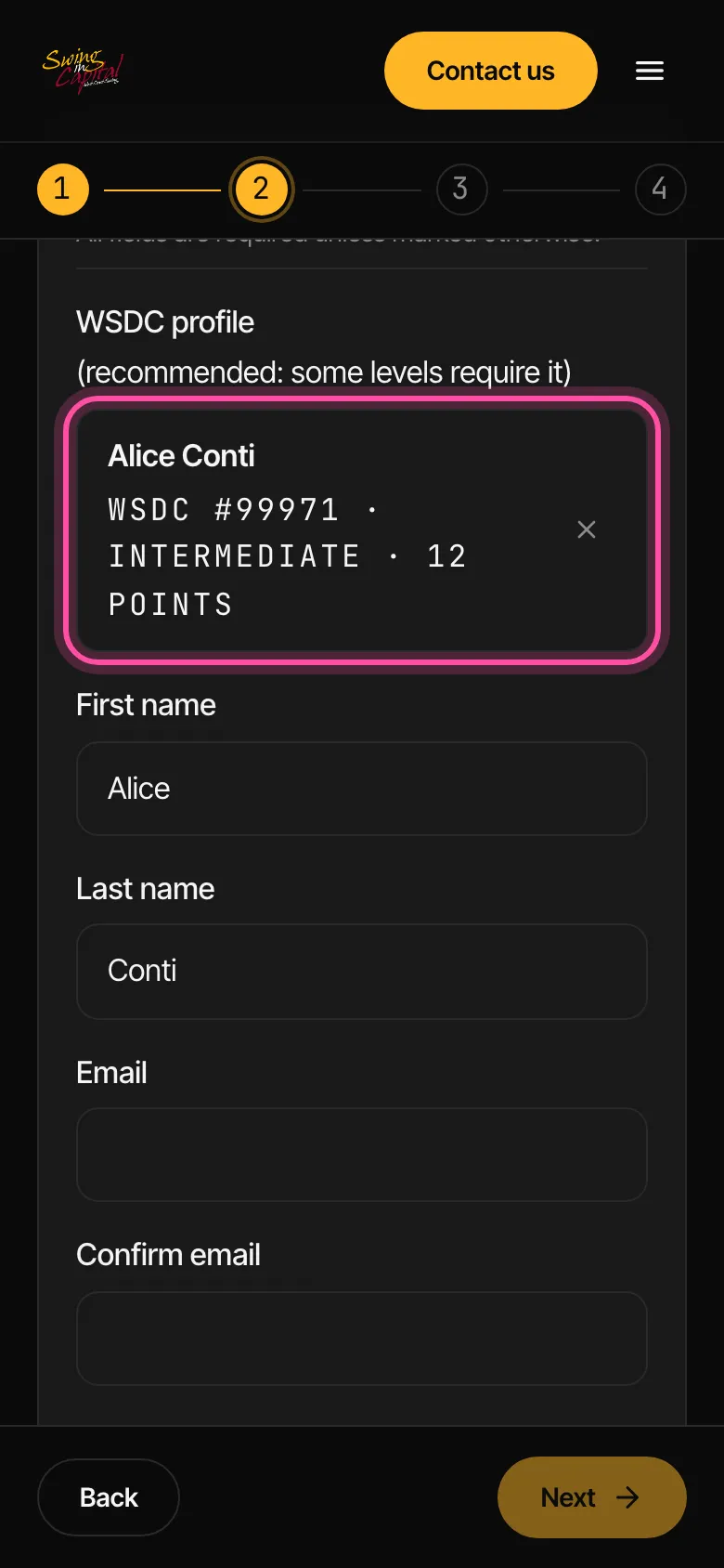 The registration form: the WSDC profile found and the details filled in